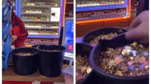 Revoltă la pompă: un șofer din Bacău a încercat să plătească plinul cu 3 găleți cu monede de 1 ban