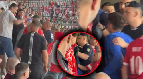 Scandal în Dinamo – FCSB! Un copil, fan al roş albaştrilor, evacuat de jandarmi din mijlocul fanilor dinamovişti. Video