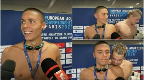 David Popovici, întrerupt în timpul interviului de după semifinale. Reacția simpatică a românului la gluma sportivului italian