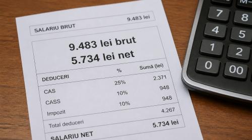 La 9.483 lei brut, salariul net a fost de 5.734 lei în iunie 2026. Află cum se calculează reținerile obligatorii din fluturaș