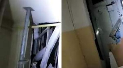 Așa arată acum scara blocului din Rahova după explozie. Muncitorii nu pot ajunge la etajele superioare