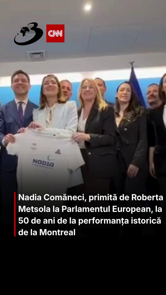 Nadia Comăneci, primită de Roberta Metsola la Parlamentul European, la 50 de ani de la performanța istorică de la Montreal