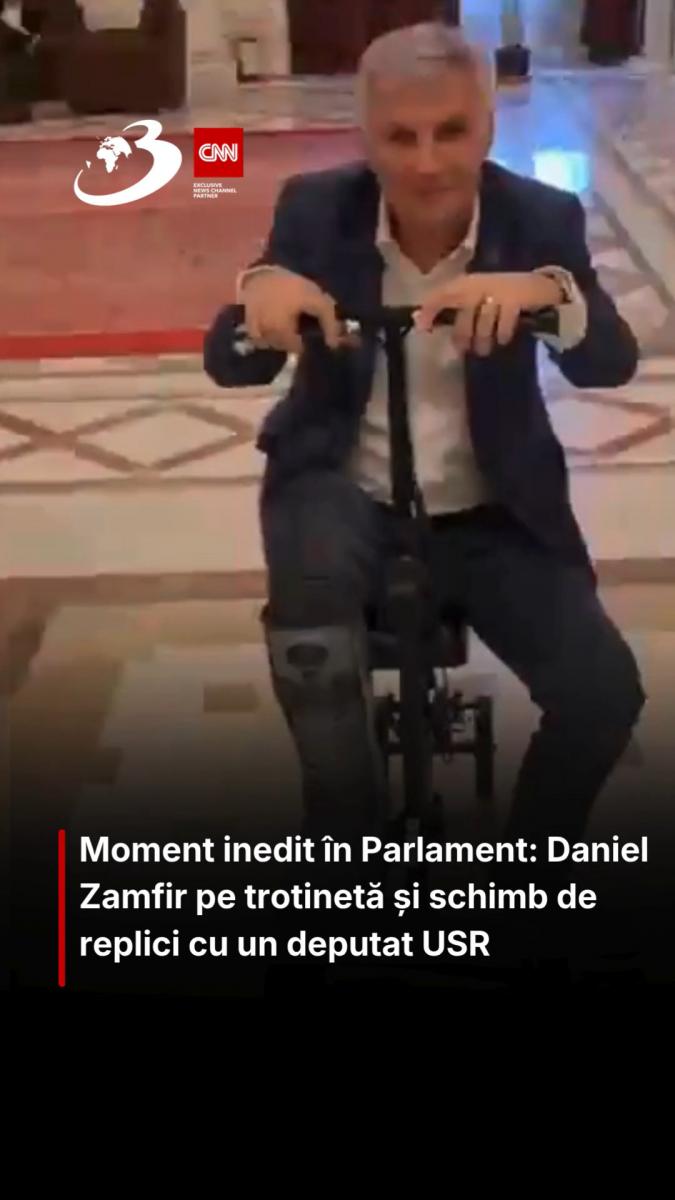 Moment inedit în Parlament: Daniel Zamfir pe trotinetă și schimb de replici cu un deputat USR