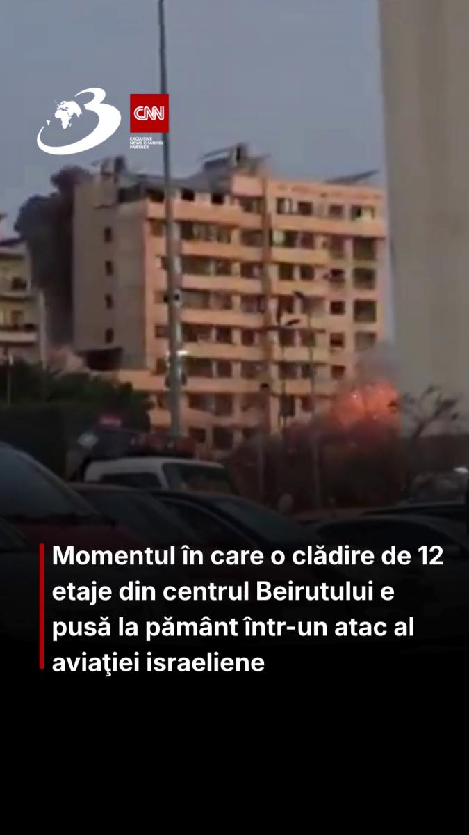 Momentul în care o clădire de 12 etaje din centrul Beirutului e pusă la pământ într-un atac al aviaţiei israeliene