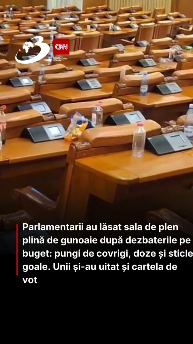Parlamentarii au lăsat sala de plen plină de gunoaie după dezbaterile pe buget: pungi de covrigi, doze și sticle goale