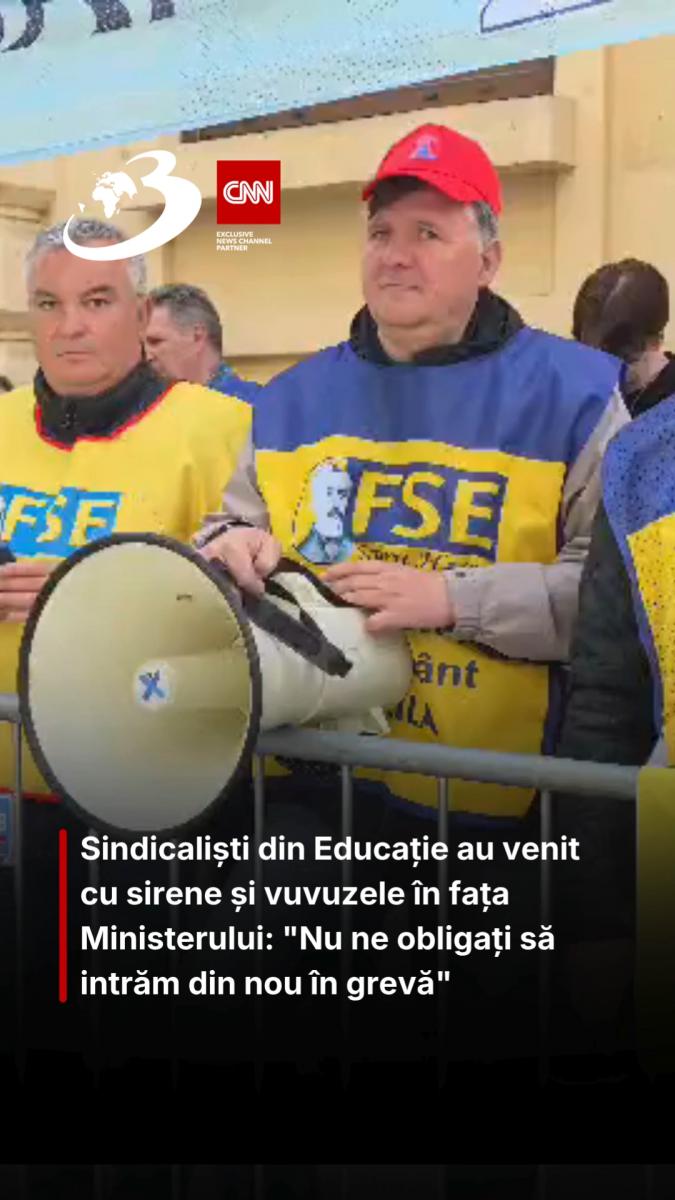 Sindicaliști din Educație au venit cu sirene și vuvuzele în fața Ministerului: 