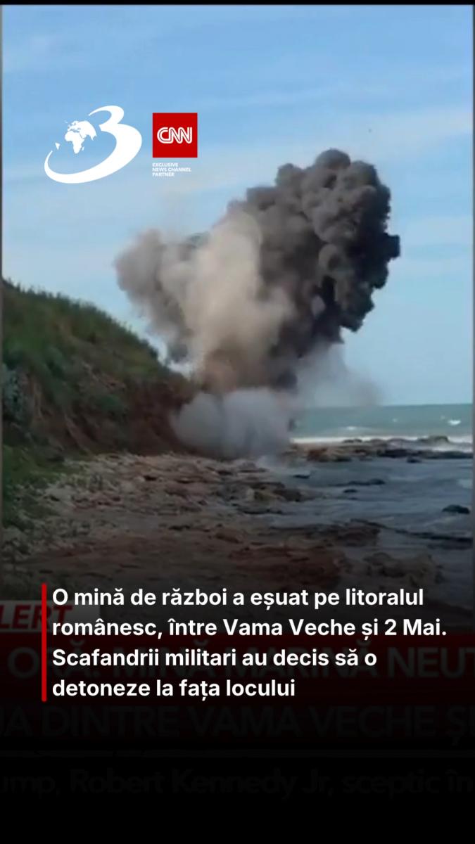 O mină de război a eșuat pe litoralul românesc, între Vama Veche și 2 Mai. Scafandrii militari au decis să o detoneze la fața locului