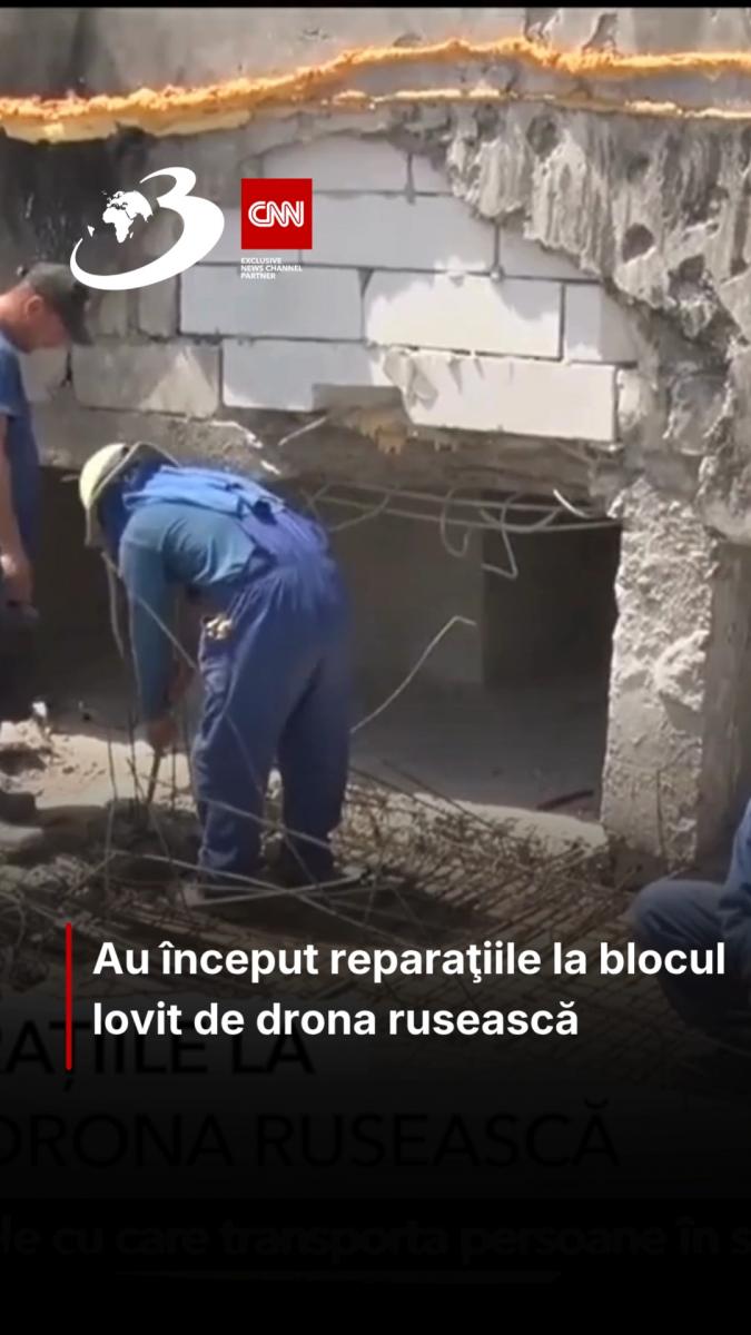 Au început reparaţiile la blocul lovit de drona rusească