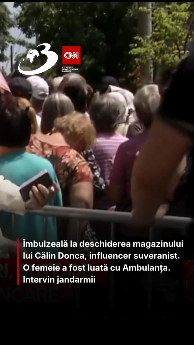 Îmbulzeală la deschiderea magazinului lui Călin Donca, influencer suveranist. O femeie a fost luată cu Ambulanța. Intervin jandarmii