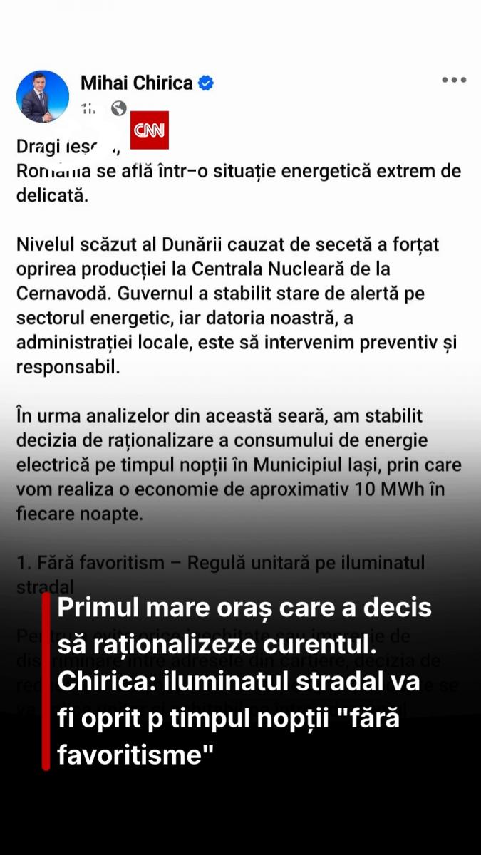 Primul mare oraș care a decis să raționalizeze curentul. Chirica: iluminatul stradal va fi oprit p timpul nopții 