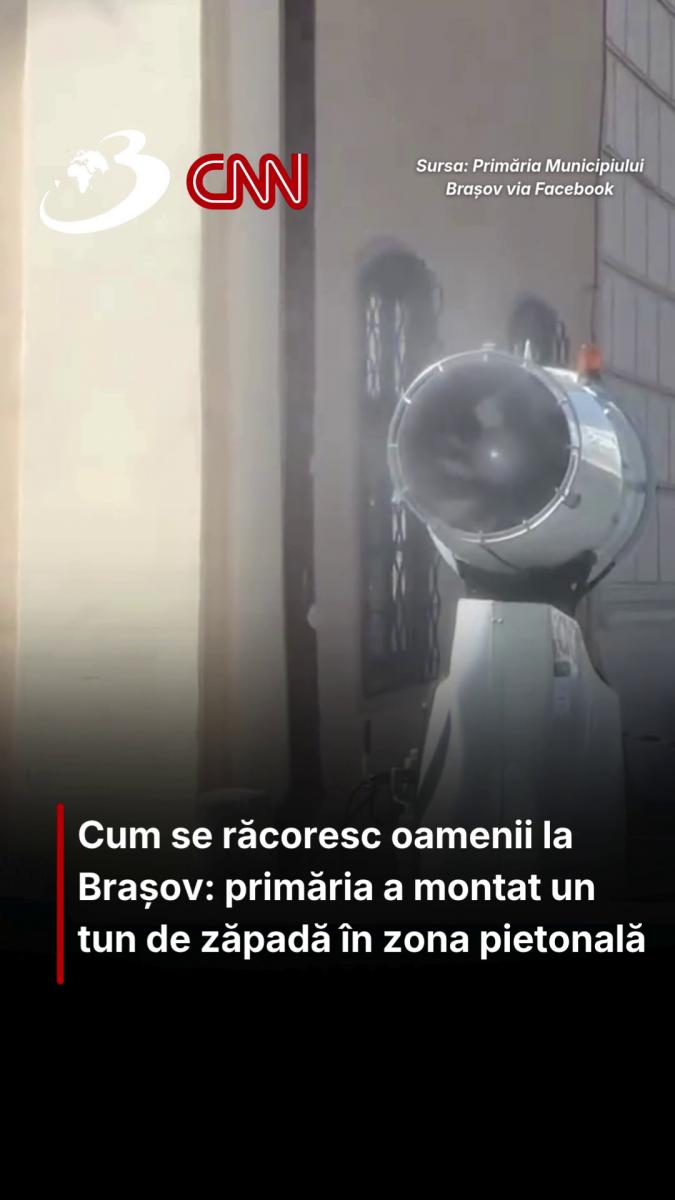 Cum se răcoresc oamenii la Brașov: primăria a montat un tun de zăpadă în zona pietonală 