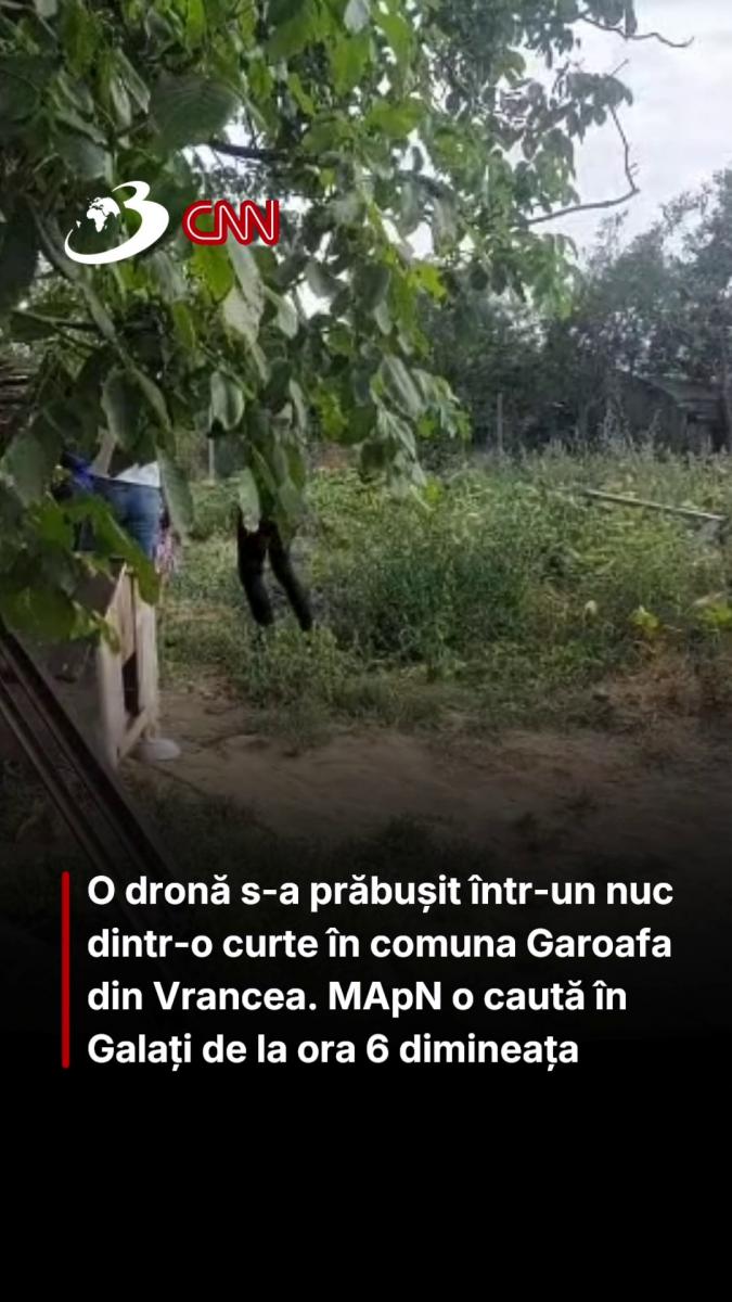 O dronă s-a prăbușit într-un nuc dintr-o curte în comuna Garoafa din Vrancea. MApN o caută în Galați de la ora 6 dimineața