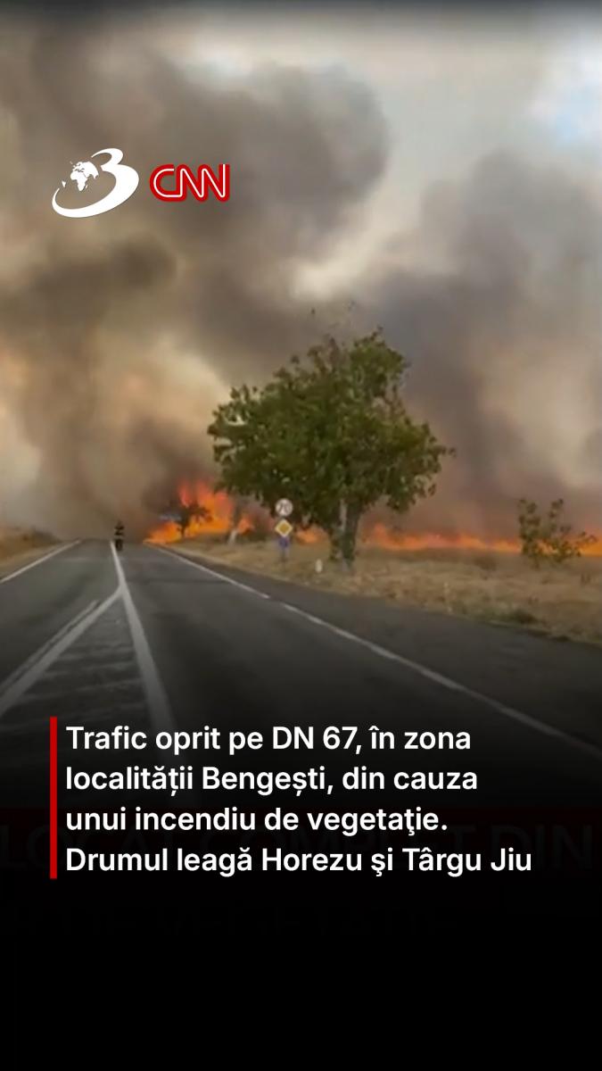 Trafic oprit pe DN 67, în zona localității Bengești, din cauza unui incendiu de vegetaţie. Drumul leagă Horezu şi Târgu Jiu