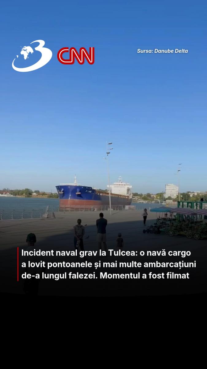 Incident naval grav la Tulcea: o navă cargo a lovit pontoanele și mai multe ambarcațiuni de-a lungul falezei. Momentul a fost filmat