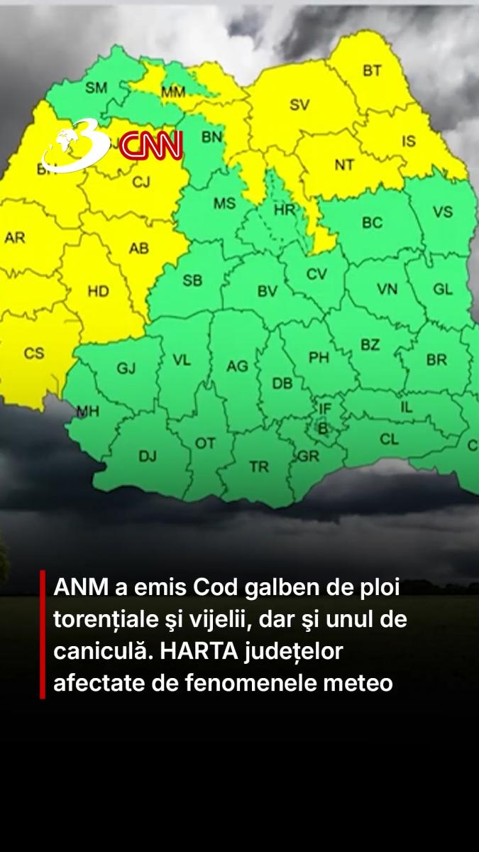ANM a emis Cod galben de ploi torențiale şi vijelii, dar şi unul de caniculă. HARTA județelor afectate de fenomenele meteo