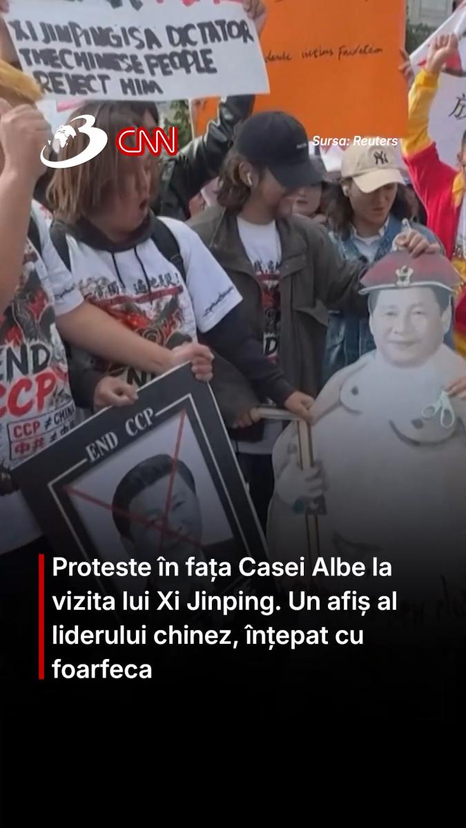 Proteste în fața Casei Albe la vizita lui Xi Jinping. Un afiș al liderului chinez, înțepat cu foarfeca