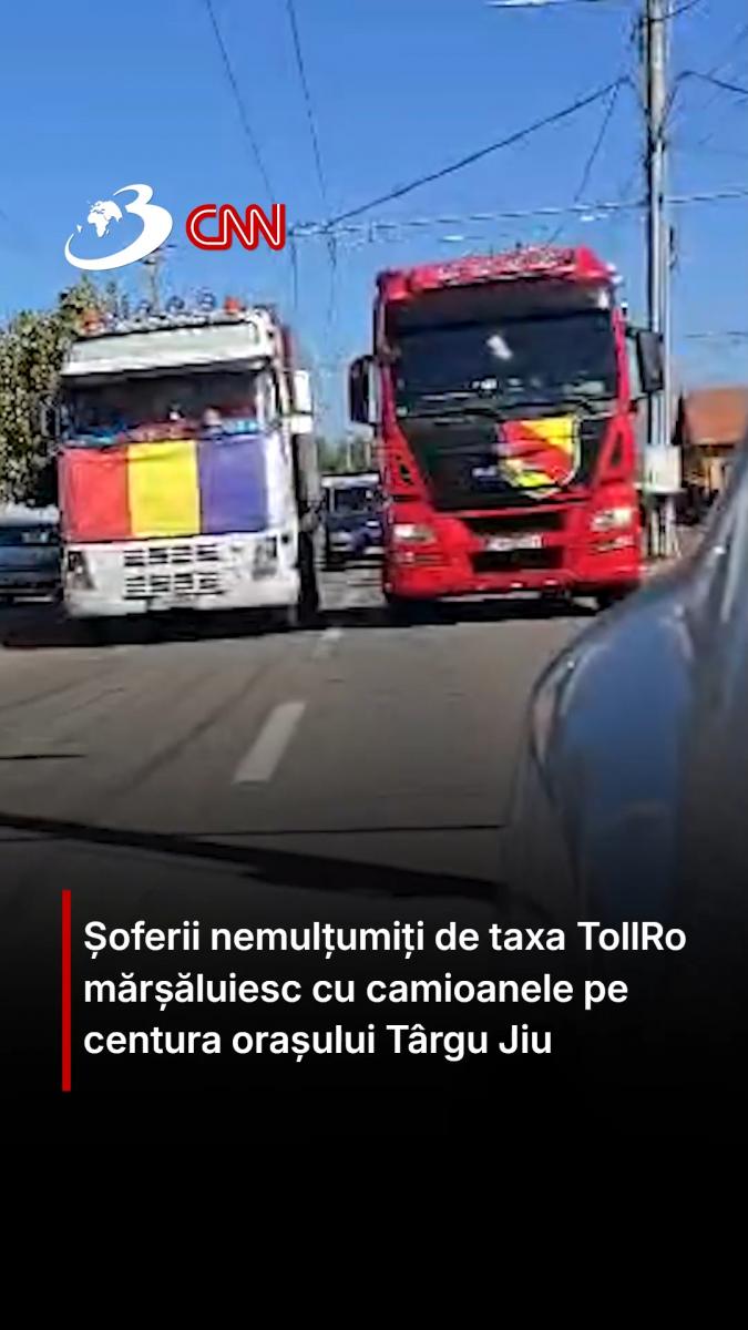 Șoferii nemulțumiți de taxa TollRo mărșăluiesc cu camioanele pe centura orașului Târgu Jiu