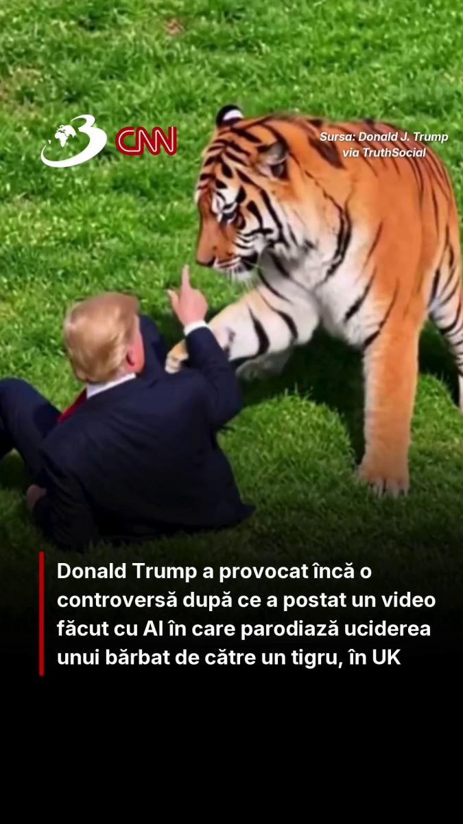 Donald Trump a provocat încă o controversă după ce a postat un video făcut cu AI în care parodiază uciderea unui bărbat de către un tigru, în UK