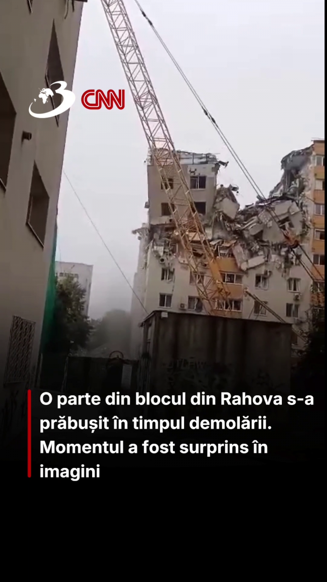 O parte din blocul din Rahova s-a prăbușit în timpul demolării. Momentul a fost surprins în imagini