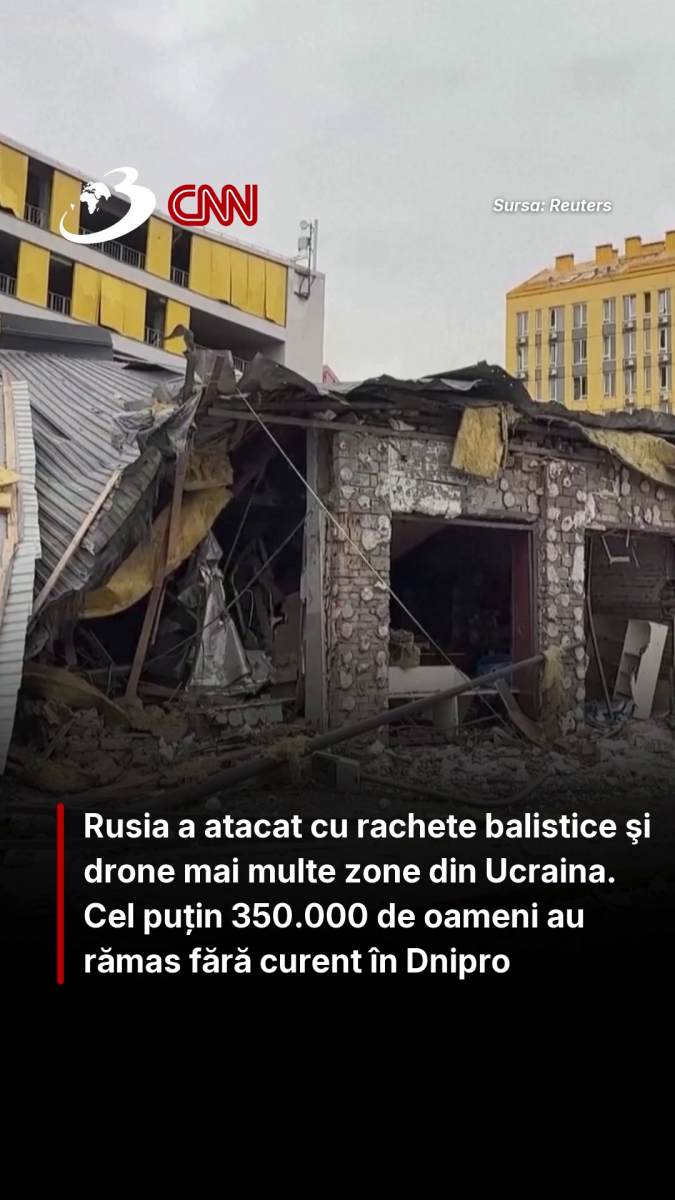 Rusia a atacat cu rachete balistice şi drone mai multe zone din Ucraina. Cel puțin 350.000 de oameni au rămas fără curent în Dnipro