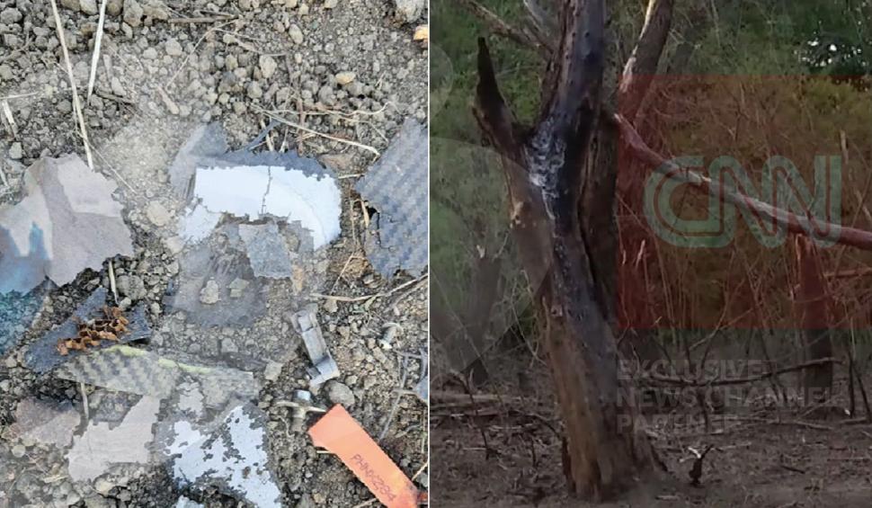 Copaci doborâţi, zone arse şi resturi metalice | Imagini în exclusivitate din locul unde s-a prăbuşit drona de la Plauru 